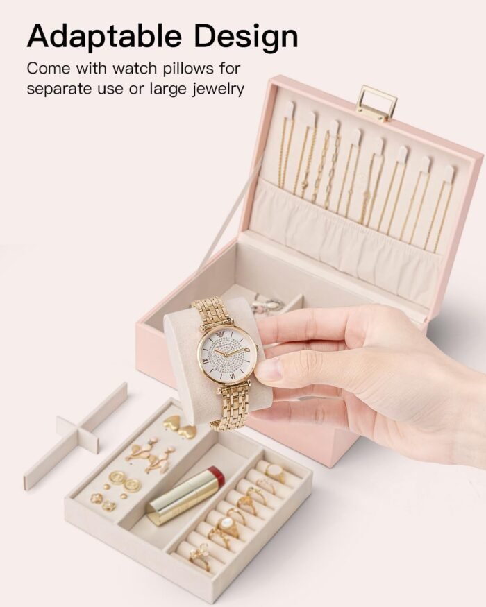 Vlando 2 Layer Jewelry Box Large Jewelry Organizer for Women Removable Jewelery Tray with Watch Pillow for Necklace Earrings Rings Bracelets Jewelry Boxes for Christmas Gifts Mother's Day Gifts (Pink) - Image 4