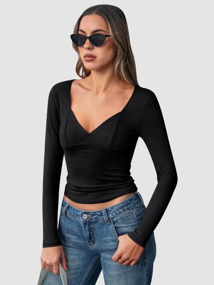 Trendy Queen Womens Tops Trendy Fashion Clothes Going Out Long Sleeve Shirts V Neck Basic Y2K Cute Shirt Slim Fitted Corset - Image 2
