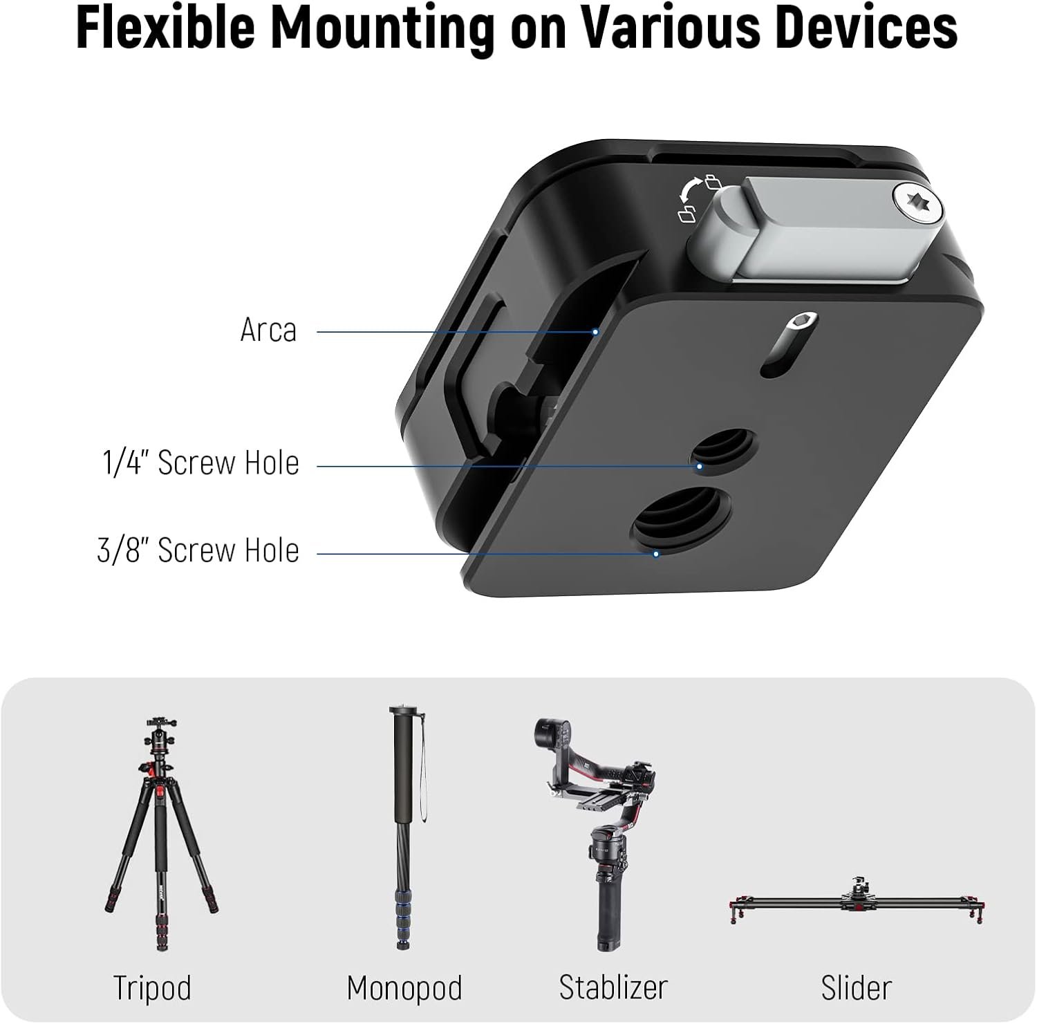 NEEWER Arca Type Quick Release Plate Kit, Four Side Slot Compatible with Arca Swiss Camera Mount Adapter with 1/4” 3/8" Threads for Gimbal Stabilizer Tripod Head Slider, Max Load 17.6lb/8kg, CA009 - Image 7