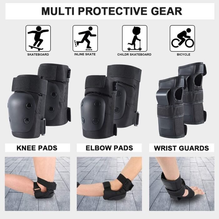 Adult/Child Knee Pads Elbow Pads Wrist Guards 3 in 1 Protective Gear Set for Skateboarding Inline Roller Biking Roller Skating Cycling Outdoor Sports Black M - Image 3