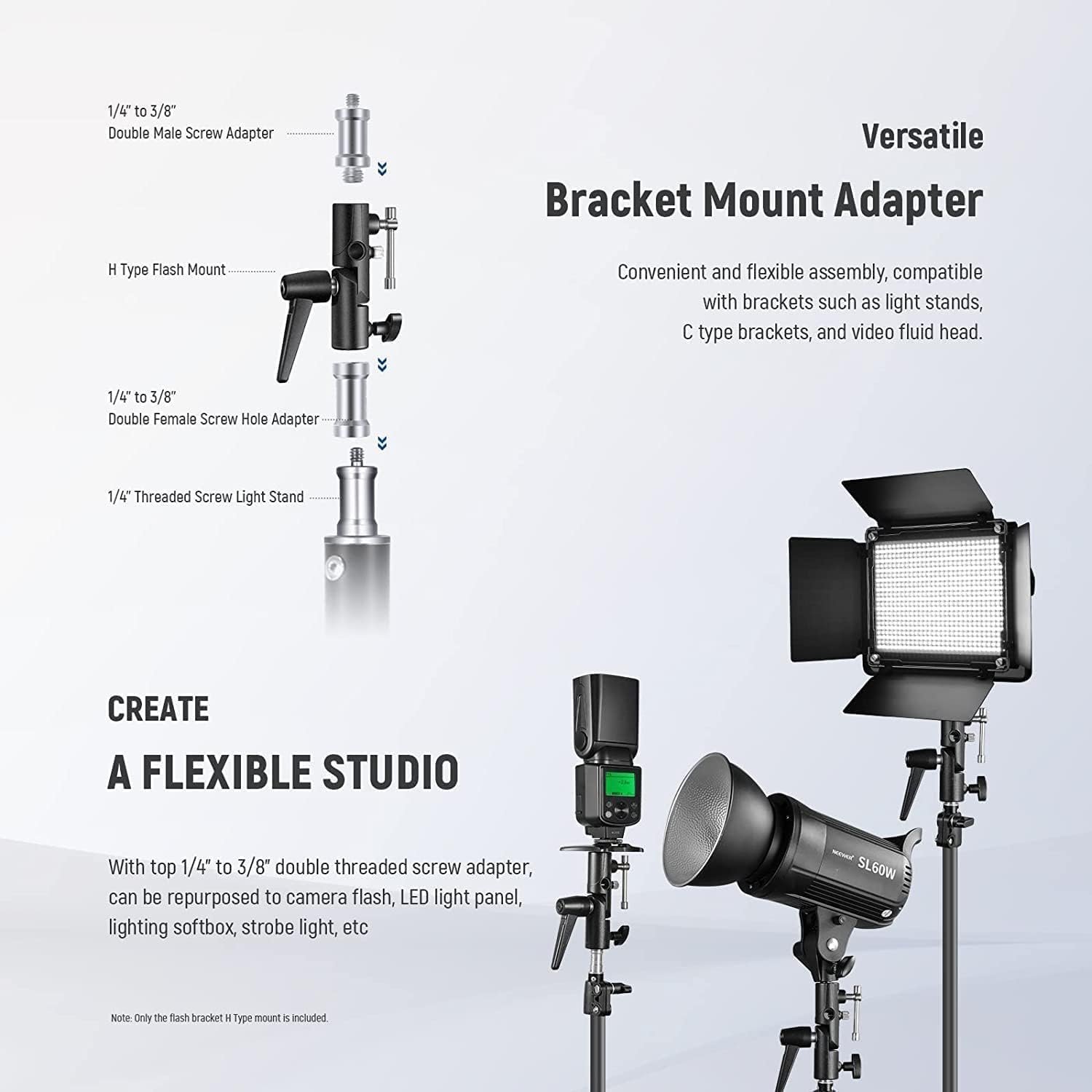 NEEWER Camera Flash Bracket H Type Mount with Umbrella Softbox Holder, 180° Swivel Adjustable Metal Light Stand Adapter with 1/4" to 3/8" Screw Adapter for Speedlite LED Light Stand Tripod (2 Pack) - Image 5
