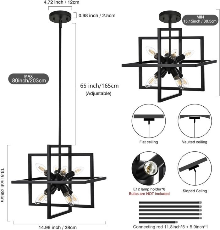 Small Modern Lantern Chandeliers, Geometric Black Pendant Lighting, 8-Light Industrial Hanging Chandelier Light Fixture for Dining Room, Kitchen, Bedroom, Foyer, Entryway, Farmhouse UL Listed - Image 2