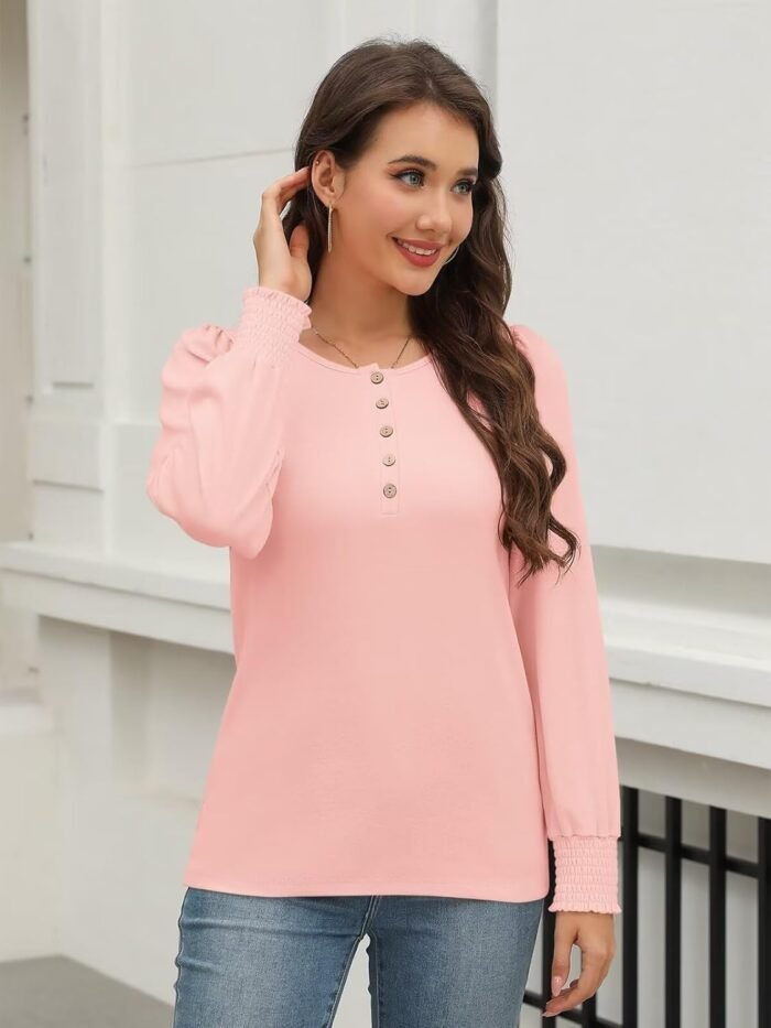 Minetom Women's Long Sleeve Henley Tops Smocked Puff Sleeve Tops Casual Shirts Blouses - Image 3