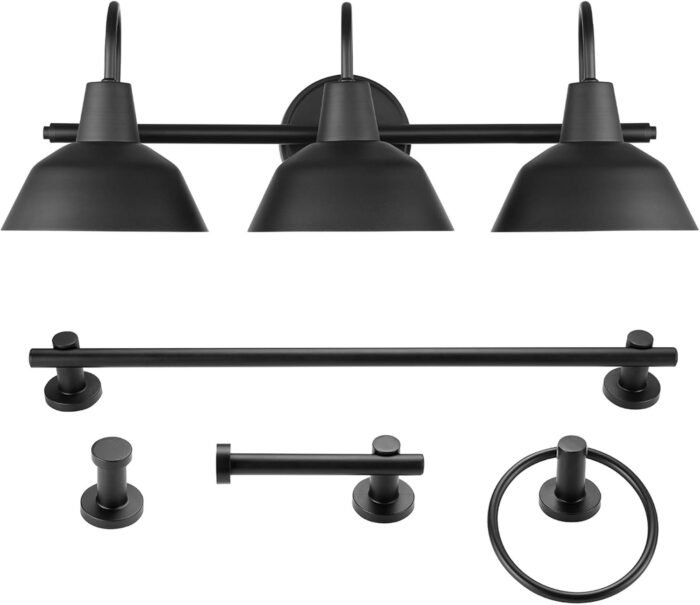 Globe Electric 51710 Bathroom Accessory Set, Matte Black, 3-Light Vanity Light, Towel Bar, Towel Ring, Robe Hook, Toilet Paper Holder, Bathroom Lights Over Mirror, Home Décor, Brooklyn, 5-Piece