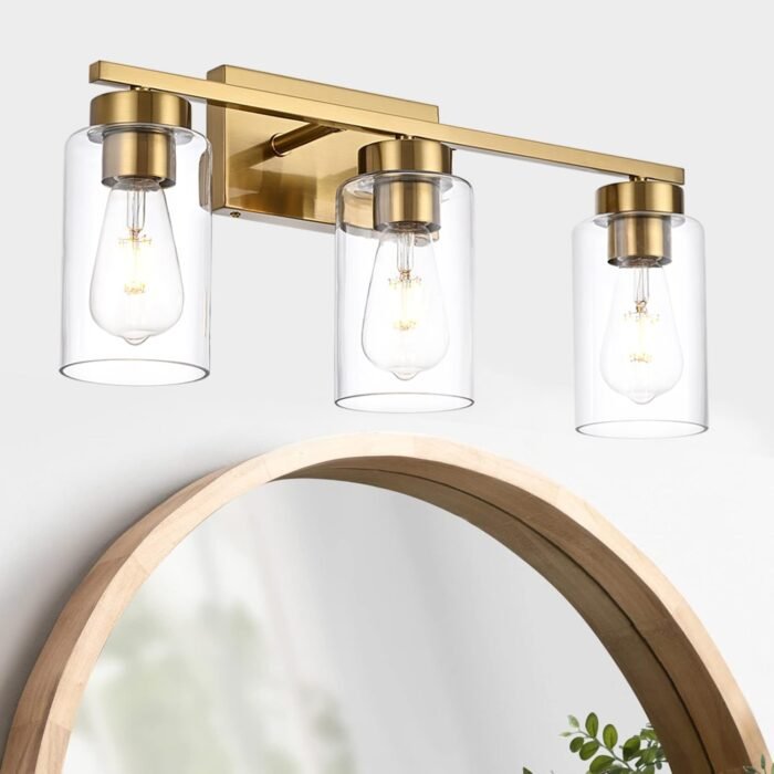 3-Light Bathroom Vanity Light, Modern Brushed Gold Wall Lights with Clear Glass Shades, Bathroom Wall Sconce Lamp for Mirror Living Room Bedroom Hallway