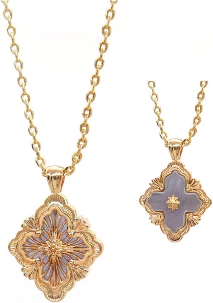 DISTANT DRUMS Gold Clover Jewelry for Women, Double-Sided Pendant by 18K Gold-plated with Gemstone inlaid Shell Pearl Pendant Necklace,Bracelet,Earrings,Gold Jewelry Set for Women