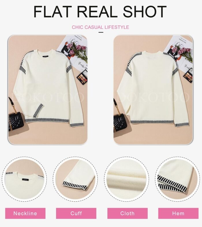 Dokotoo Sweaters for Women Fashion Solid Crewneck Loose Fit Long Sleeve Contrast Cable Knit Pullover Sweater Jumper Tops - Image 5