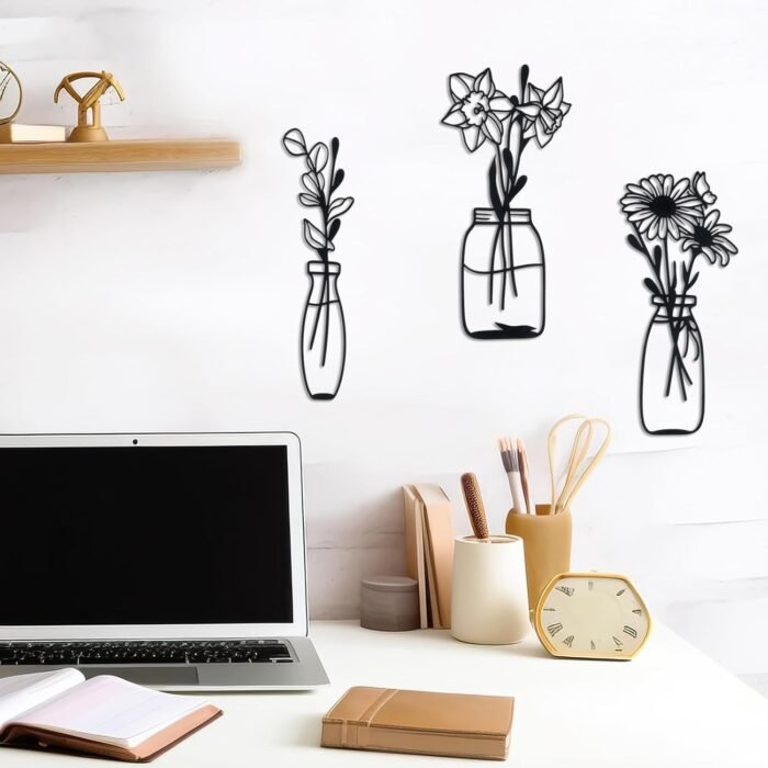 Zzbakress 3 Piece Metal Flowers and Vases Wall Decoration Minimalist Art Wall Sculpture Daffodils Chrysanthemum Eucalyptus Leaf Iron Decorative Floral for Living Room or Kitchen (Style 1, Black) - Image 7
