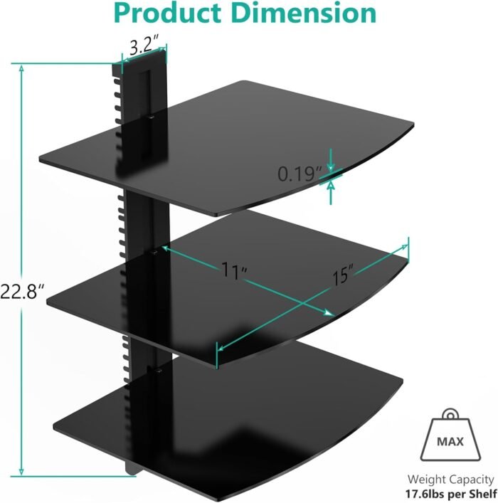 WALI Floating Entertainment Center Shelves, Holds Up to 17.6lbs, TV Shelf with Strengthened Tempered Glasses for DVD Players, Cable Boxes, Games Consoles, TV Accessories (CS303B), 3 Shelf, Black - Image 3
