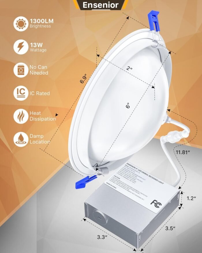 Ensenior 12 Pack 6 inch LED Eyeball Recessed Lighting, 360°+90° Rotatable and 2700K-5000K Selectable, Dimmable Gimbal Recessed Lights, Canless Angled Adjustable Ceiling Downlight, 1300LM, 13W=115W-FCC - Image 5