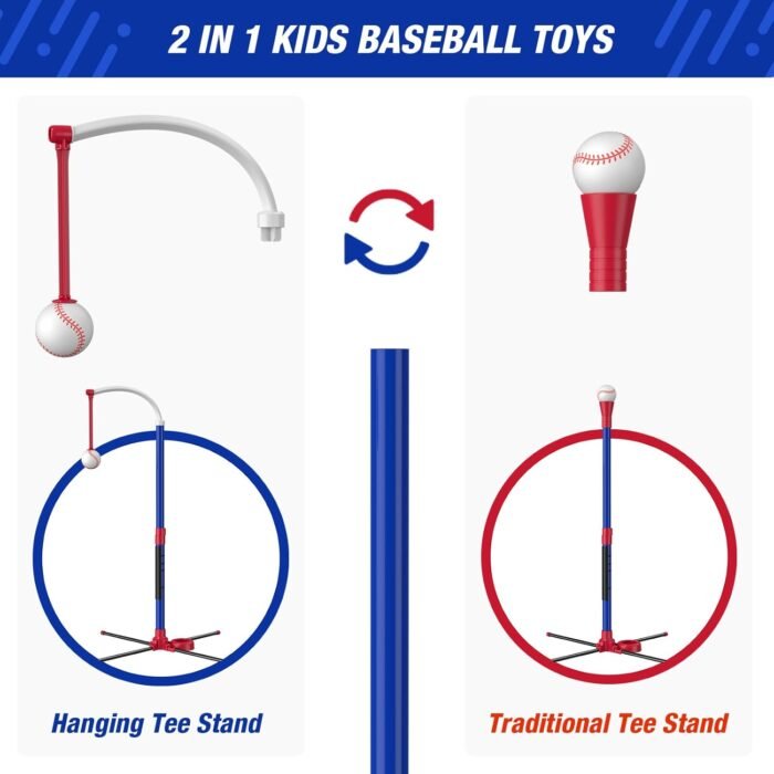 3-in-1 Baseball Set for Kids 3-5 - Tee Ball Stand, Hanging Tee, Ball Launcher and 6 Softballs - Adjustable Height, Indoor/Outdoor Sport Gifts for Boys, Blue - Image 7