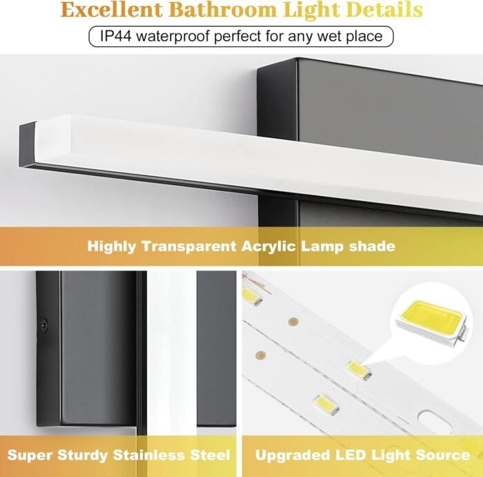 Combuh LED Bathroom Vanity Light Bar 16 Inch 9W Black IP44 Bathroom Light Fixtures Over Mirror Modern Bath Wall Lighting Fixture Sconce Indoor Cool White 6000K - Image 3