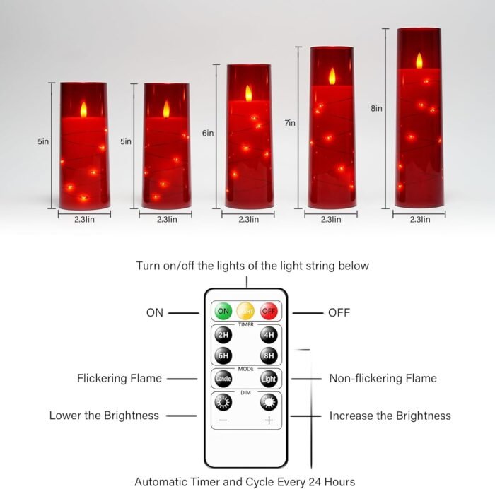 Flameless LED Candles with Timer 5 Pc Flickering Flameless Candles for Romantic Ambiance and Home Decoration Stable Acrylic Shell,with Embedded Star String，Battery Operated Candles（Red） - Image 5
