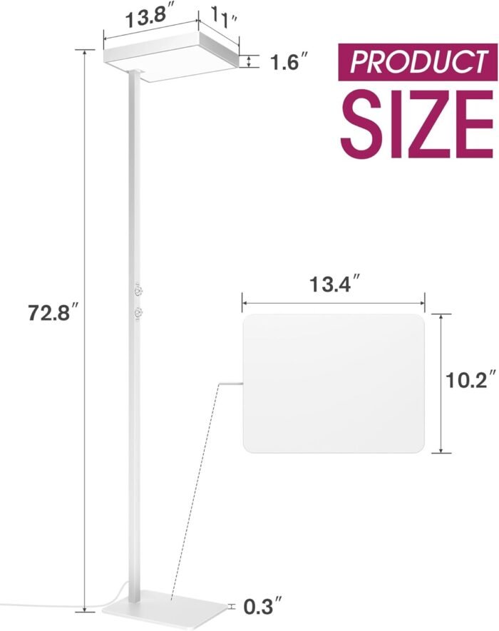 EMITEVER LED Floor Lamp, 60W Full-Spectrum Eye-Care Standing Light, 72.8” Dimmable Reading Lamp for Study Rooms, Living Rooms, Dental Offices and Conference Lighting, 4000K Natural Daylight, White - Image 7