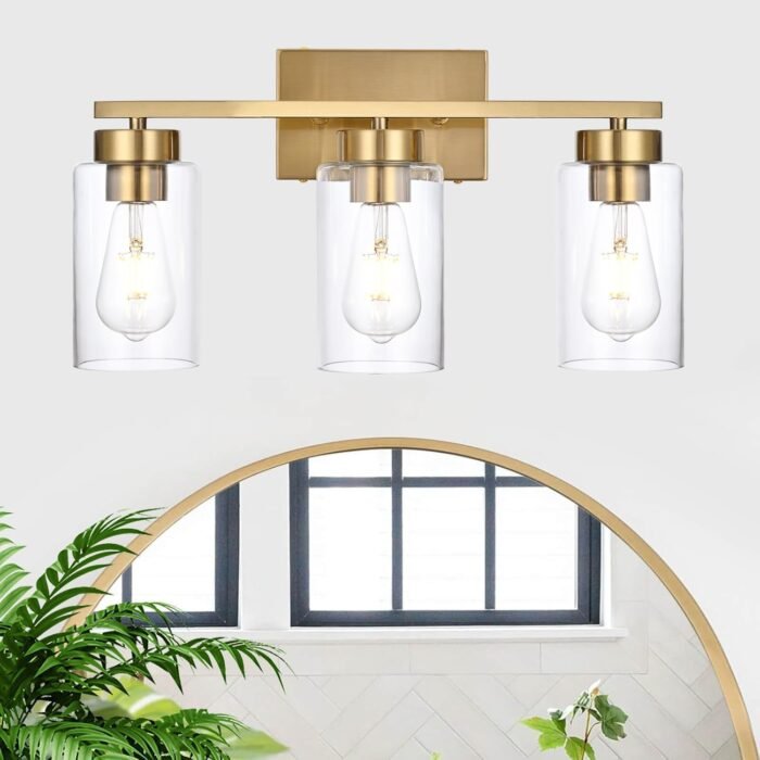 3-Light Bathroom Vanity Light, Modern Brushed Gold Wall Lights with Clear Glass Shades, Bathroom Wall Sconce Lamp for Mirror Living Room Bedroom Hallway - Image 4