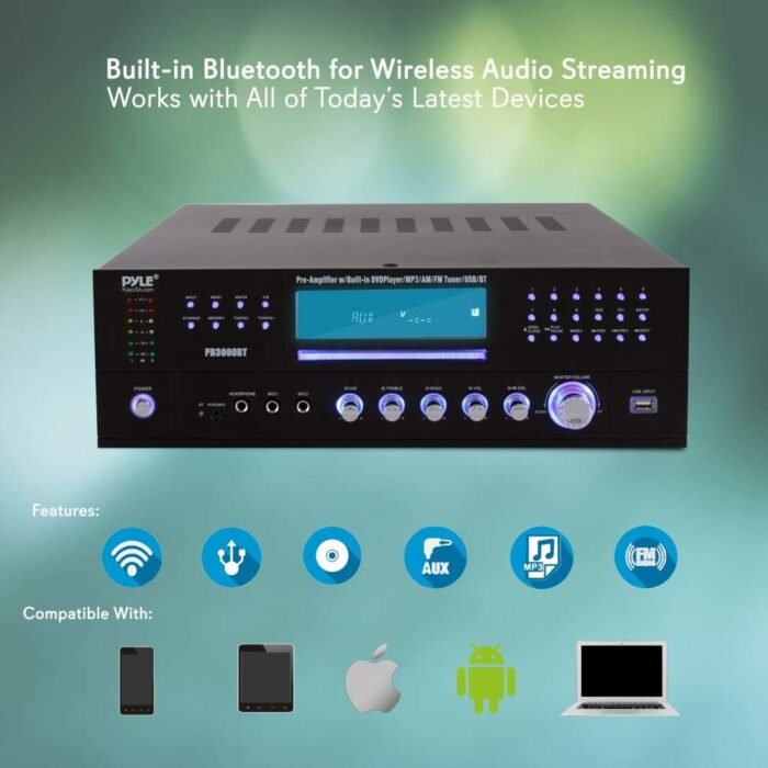 Home Theater Bluetooth Amplifier Receiver - 4 Channel 3000 Watt Stereo Speaker Home Audio Amplifier Receiver w/Radio, USB, 2 Microphone w/Echo, CD DVD Player, LCD, Rack Mount - Pyle PD3000BT.5 - Image 2