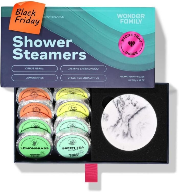 Shower Steamers Aromatherapy + Stone Tray - 8 Pack Shower Bombs for Women & Men - Shower Essentials for Women - SPA Gifts for Women with Green Tea Eucalyptus for Shower - Shower Tablets Aromatherapy
