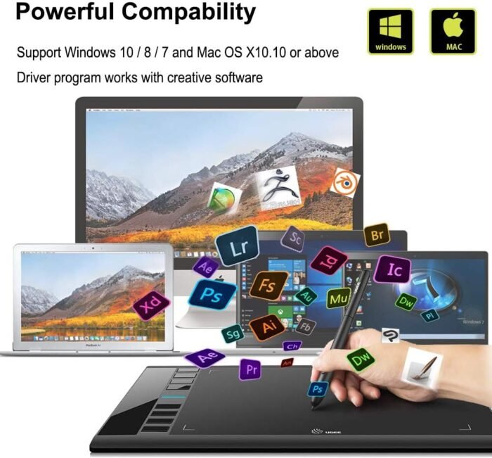 Graphics Drawing Tablet, UGEE M708 10 x 6 inch Large Drawing Tablet with 8 Hot Keys, Passive Stylus of 8192 Levels Pressure, UGEE M708 Graphics Tablet for Paint, Design, Art Creation Sketch Black - Image 6