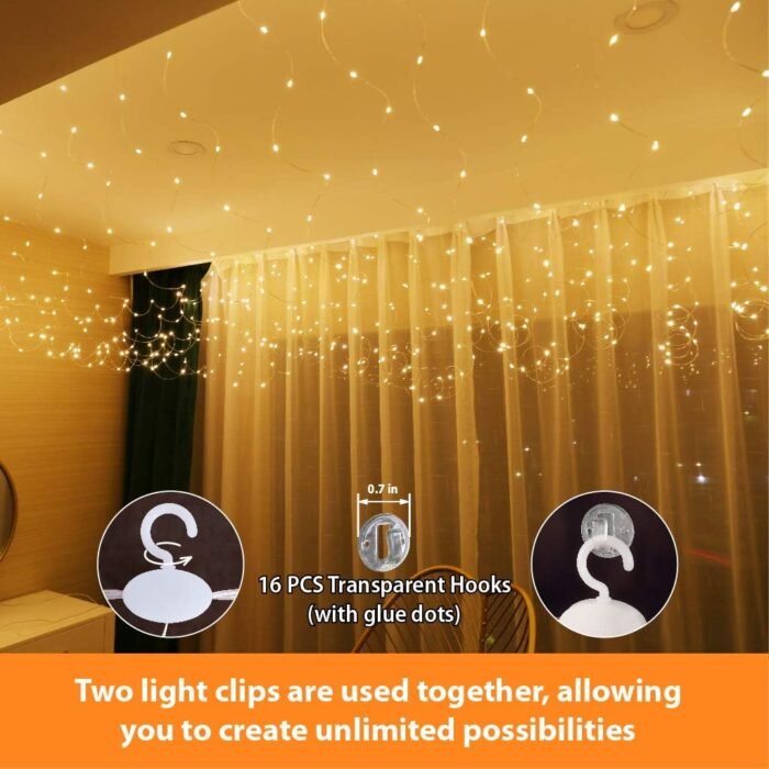 HXWEIYE 300LED Fairy Curtain Lights, 9.8x9.8Ft Warm White USB Plug in 8 Modes Christmas String Hanging Lights with Remote for Bedroom, Indoor, Outdoor, Weddings, Party - Image 3