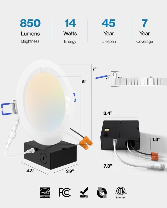 Sunco 12 Pack 6 Inch Ultra Thin LED Recessed Ceiling Lights, Baffle Trim, Selectable CCT 2700K/3000K/3500K/4000K/5000K Dimmable 14W, Wafer Thin, Canless with Junction Box - Image 6