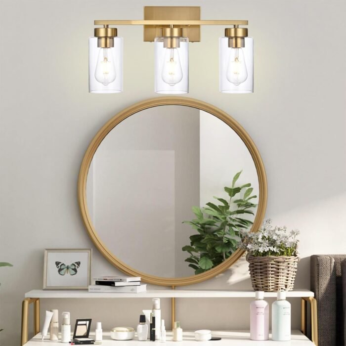 3-Light Bathroom Vanity Light, Modern Brushed Gold Wall Lights with Clear Glass Shades, Bathroom Wall Sconce Lamp for Mirror Living Room Bedroom Hallway - Image 6