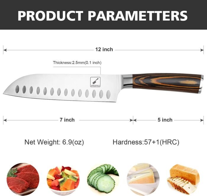 imarku Santoku Knife, 7 inch Kitchen Knife Ultra Sharp Cooking Knife Japanese Chef Knife - German HC Stainless Steel 7Cr17Mov - Ergonomic Pakkawood Handle, Christmas Gifts for Women/Men, Orange - Image 5