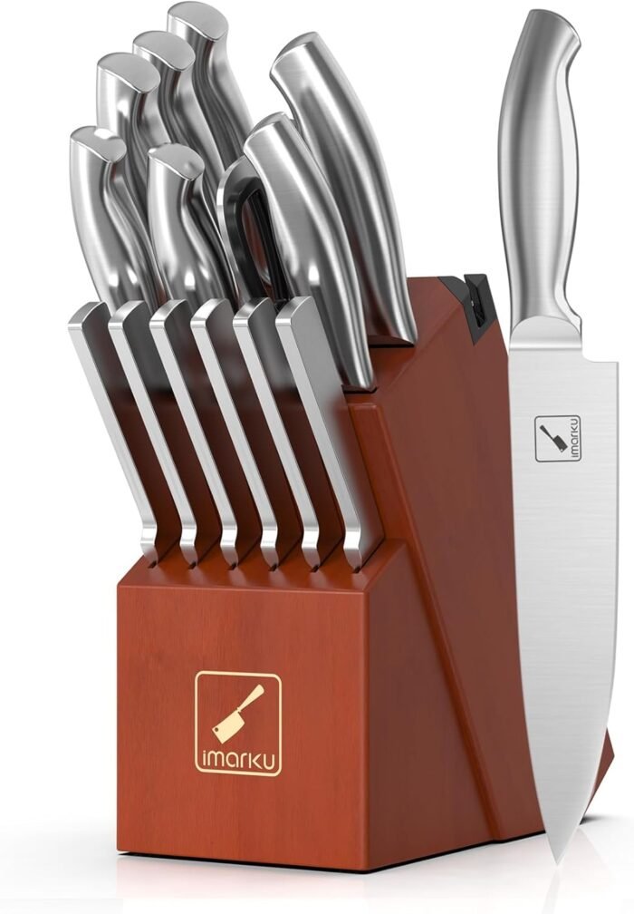Imarku Knife Set, 15 Pieces Kitchen Knife Set with Block, High Carbon-Stainless Steel Kitchen Knives with Built-in Sharpener, Professional Knife Block Set for Christmas Gifts, Brown