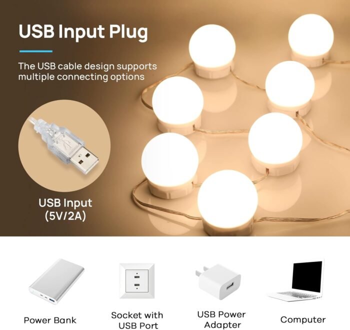 Consciot LED Vanity Lights For Mirror, Hollywood Style Vanity Lights With 10 Dimmable Bulbs, Adjustable Color & Brightness, USB Cable, Mirror Lights Stick on for Makeup Table Dressing Room, White - Image 5