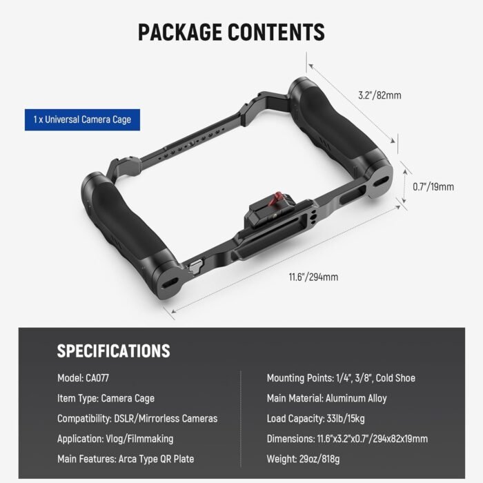 NEEWER Video Camera Cage Rig with Arca Type Quick Release Plate, Dual Grips, 3/8" ARRI & 1/4" Threads, Cold Shoes, Universal Camera Stabilizer Compatible with SmallRig NEEWER Baseplate, CA077 - Image 8