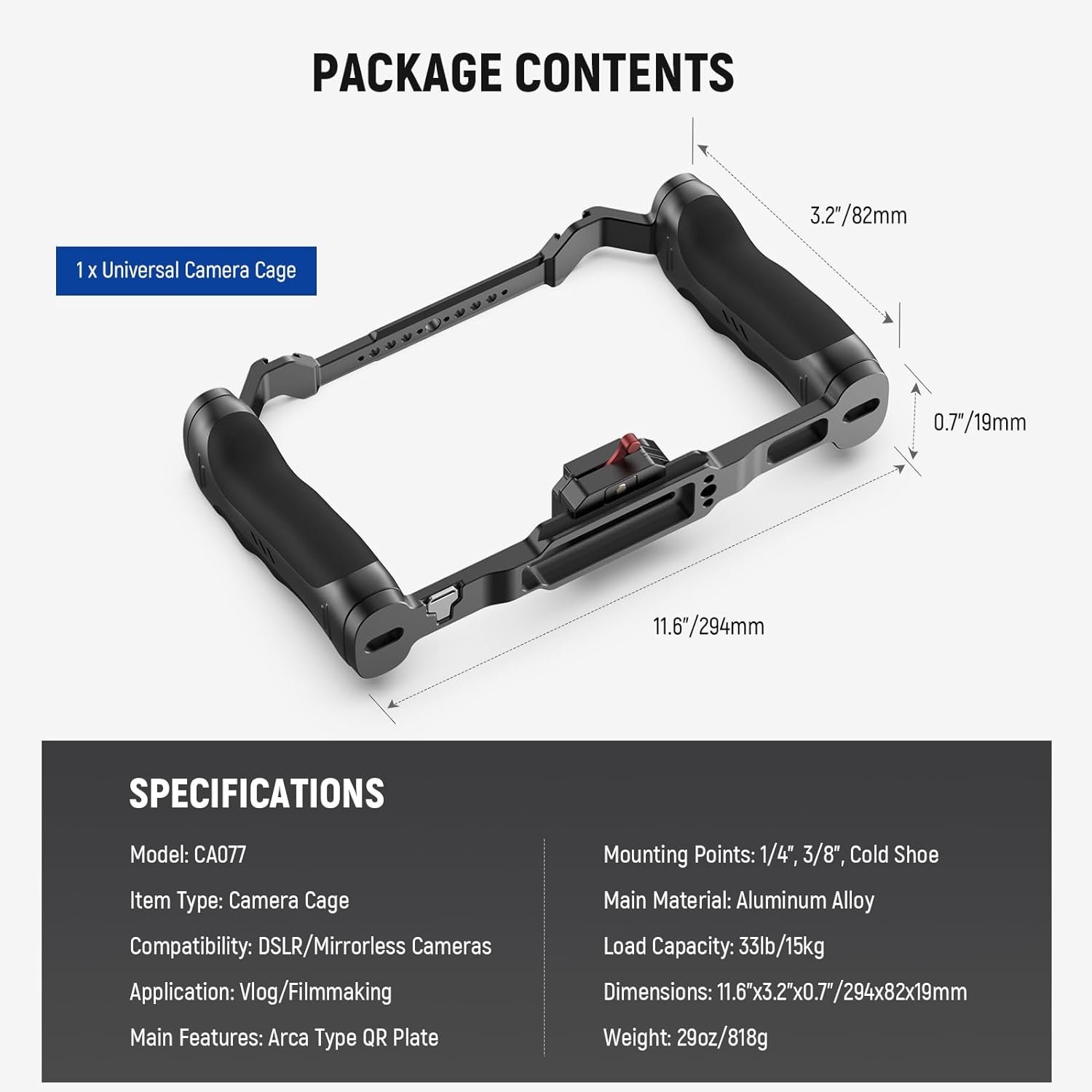 NEEWER Video Camera Cage Rig with Arca Type Quick Release Plate, Dual Grips, 3/8" ARRI & 1/4" Threads, Cold Shoes, Universal Camera Stabilizer Compatible with SmallRig NEEWER Baseplate, CA077 - Image 8