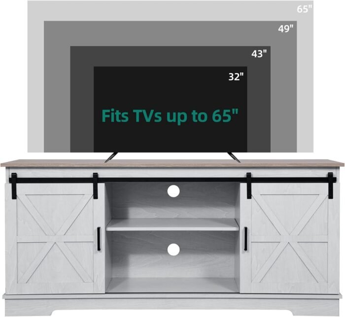 YITAHOME Farmhouse TV Stand for TVs up to 65 Inch, Entertainment Center with Sliding Barn Doors and Storage Cabinet, Rustic TV Media Console for Living Room, Grey White & Grey Wash - Image 4
