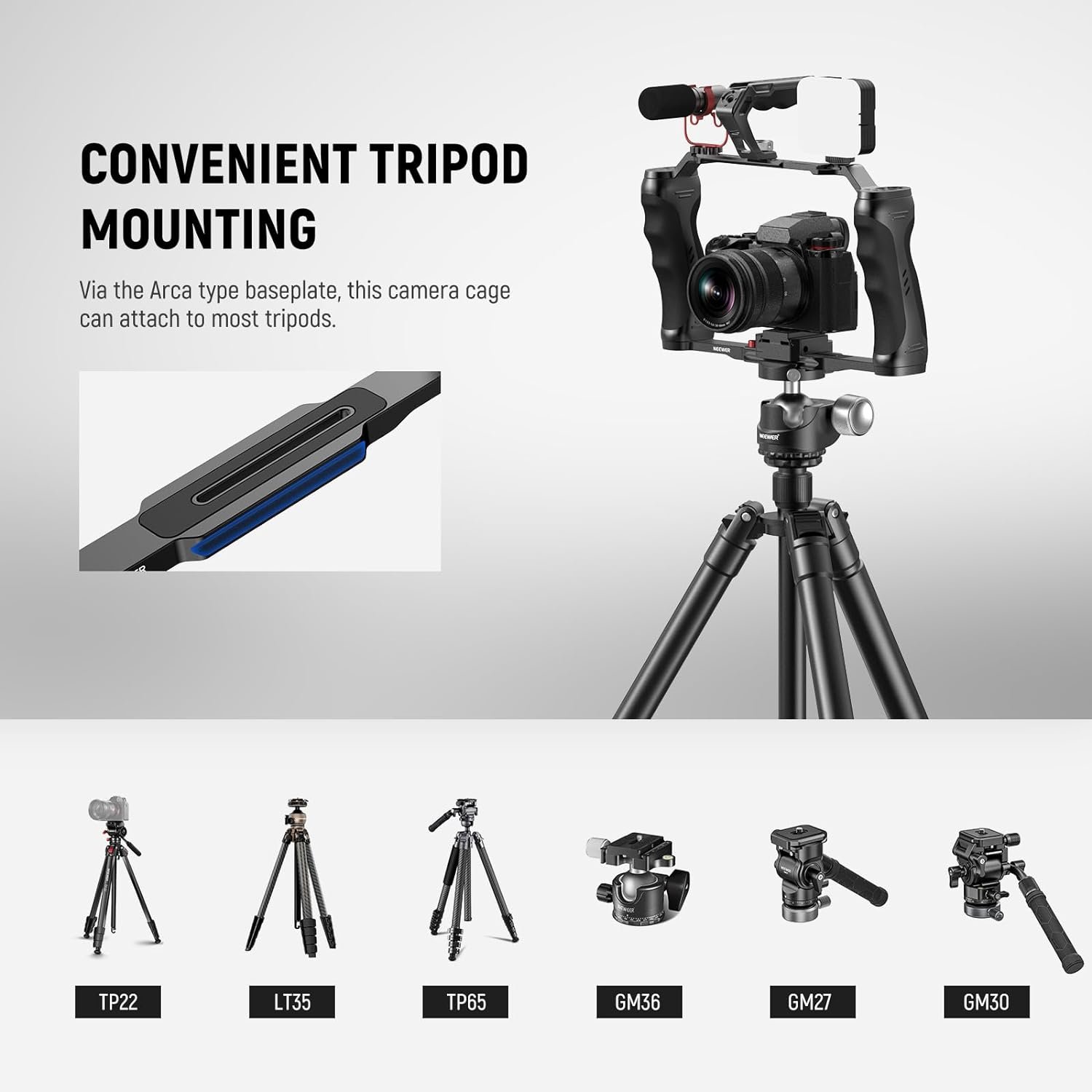NEEWER Video Camera Cage Rig with Arca Type Quick Release Plate, Dual Grips, 3/8" ARRI & 1/4" Threads, Cold Shoes, Universal Camera Stabilizer Compatible with SmallRig NEEWER Baseplate, CA077 - Image 7