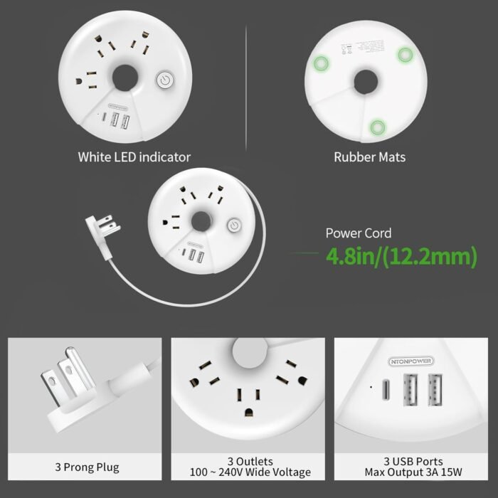 Travel Power Strip, NTONPOWER 3 Outlets 3 USB Portable Desktop Charging Station Short Extension Cord 3ft for Office, Home, Hotels, Cruise Ship, Nightstand, White - Image 7