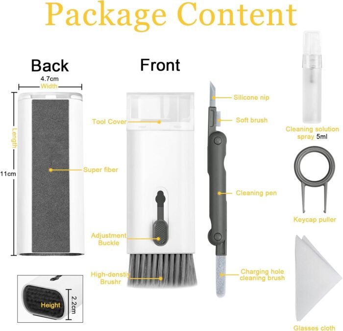 Walrfid Airpods Electronic Screen 7 in 1 Cleaner Kit Laptop Keyboard Cleaning Tool for ipad/iwatch/Computer/Phone/MacBook with 5ml Touchscreen Cleaners Mist (Grey) - Image 2