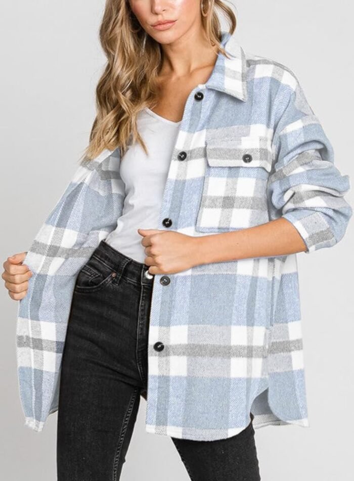 Beaully Women's Flannel Plaid Shacket Long Sleeve Button Down Shirts Jacket Coats with Side Pockets - Image 3