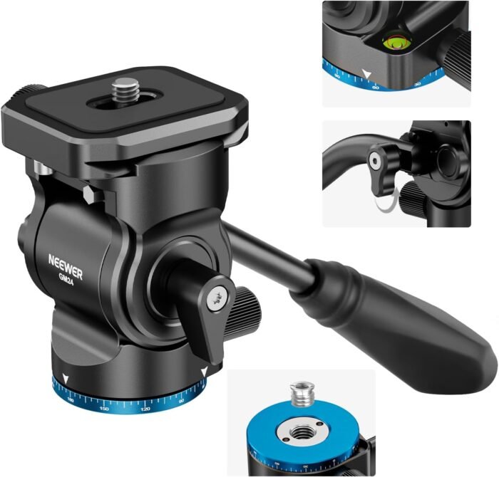 NEEWER Tripod Fluid Head Pan Tilt Head with Arca Type Quick Release Plate and Handle, Metal Panorama Head with Scaled Base (⌀37mm) for Compact Video Camera DSLR Camera, Load up to 6.6lb, GM24 (Blue)