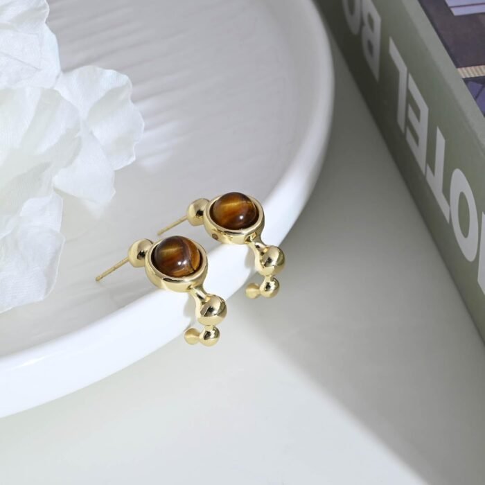 Tiger Eye Earrings for Women Gold Hoop Earrings Brown Gemstone Earrings Tiger Stone Earrings for Gift - Image 5