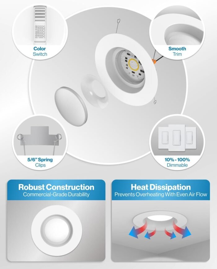Sunco 12 Pack 5CCT Retrofit LED Recessed Lighting 6 Inch, 2700K/3000K/3500K/4000K/5000K Selectable, Dimmable Can Lights, Smooth Trim, 13W=75W, 965LM, Damp Rated, UL-Certified - Image 7