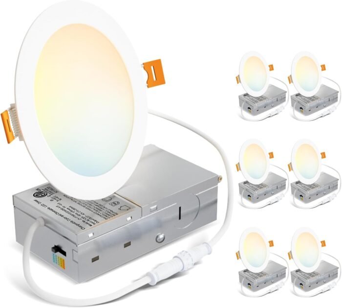 LVWIT 6 Pack 4 Inch LED Recessed Lighting with Junction Box, 5CCT Dimmable LED Downlight,9W Ultra-Thin Modern Led Ceiling Light, 2700/3000/3500/4000/5000K Selectable Led Can Lights,Smooth Trim