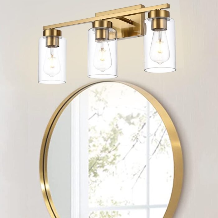 3-Light Bathroom Vanity Light, Modern Brushed Gold Wall Lights with Clear Glass Shades, Bathroom Wall Sconce Lamp for Mirror Living Room Bedroom Hallway - Image 8