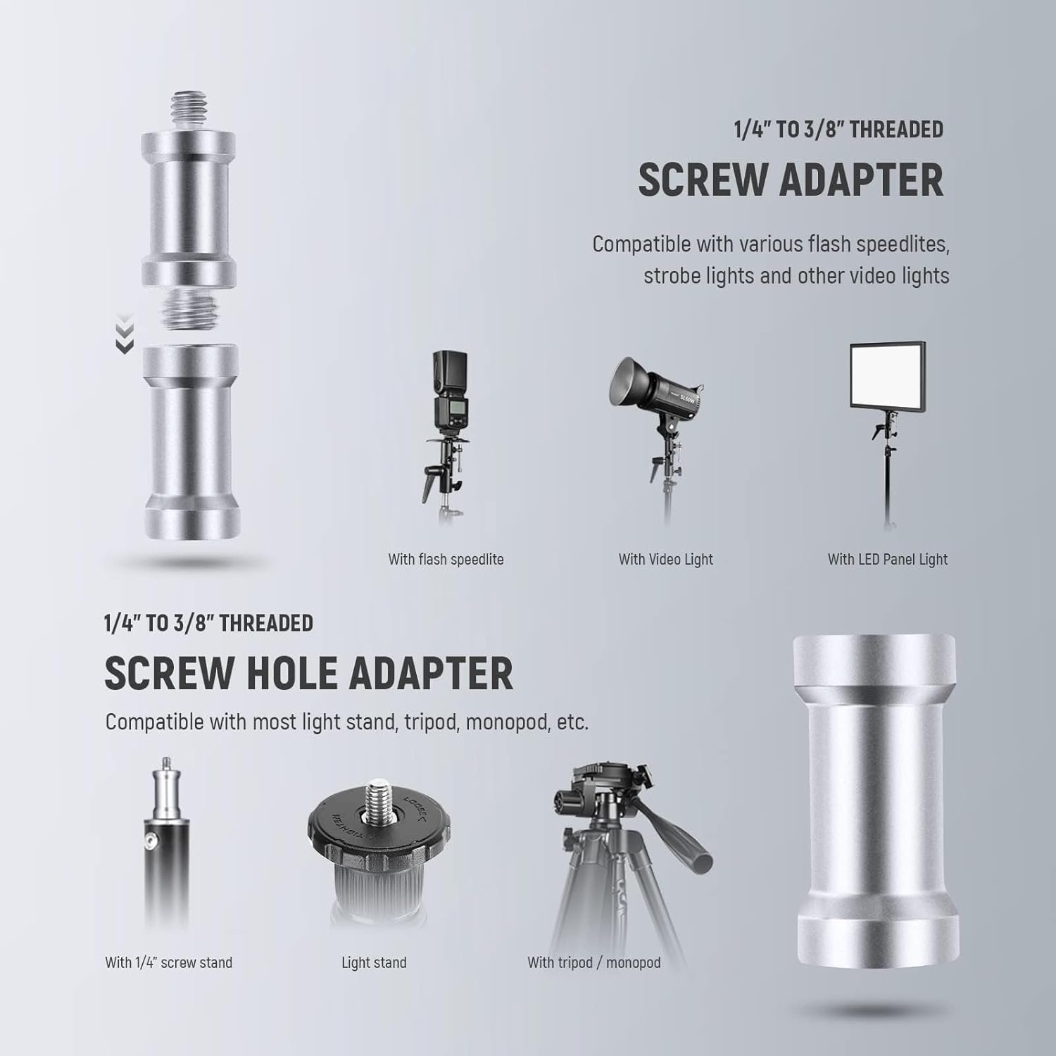 NEEWER Camera Flash Bracket H Type Mount with Umbrella Softbox Holder, 180° Swivel Adjustable Metal Light Stand Adapter with 1/4" to 3/8" Screw Adapter for Speedlite LED Light Stand Tripod (2 Pack) - Image 4