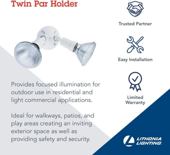 Lithonia Lighting OFTH 300PR 120 WH CP6 M4 Adjustable Twin Par Outdoor Flood Light Holder for Backyard Lighting, Safety and Security, 120 Volts, Uses 2 Lamps Up to 150W (Not Included), White (6-Pack) - Image 2