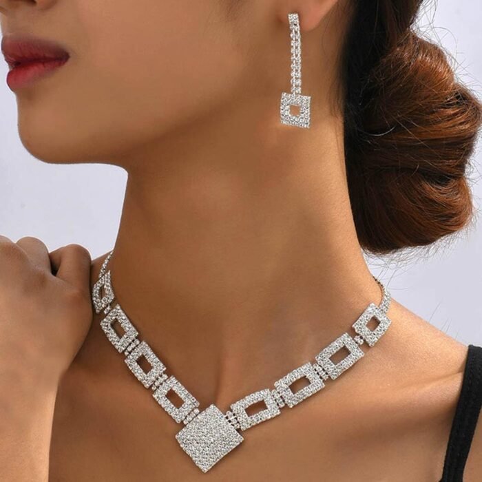 Unicra Crystal Bridal Wedding Jewelry Set Silver Rhinestone Necklace Earrings Bracelet Sets Formal Costume Jewelry for Women and Brides - Image 3