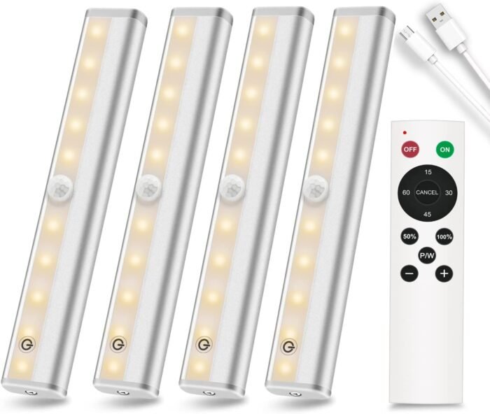 Diomart Under Cabinet Lighting, Wireless Rechargeable Under Counter Lights with Remote Control, 20- LED Dimmable Led Closet Light Stick-on Anywhere Touch Night Light for Kitchen, Wardrobe (4 Pcs)