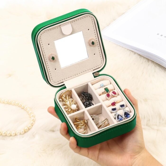 Jewelry Travel Case with Mirror,Small Travel Jewelry Organizer, Portable Jewelry Box Travel Mini Organizer Portable Display Storage Box For Rings Earrings Necklaces (Green) - Image 2