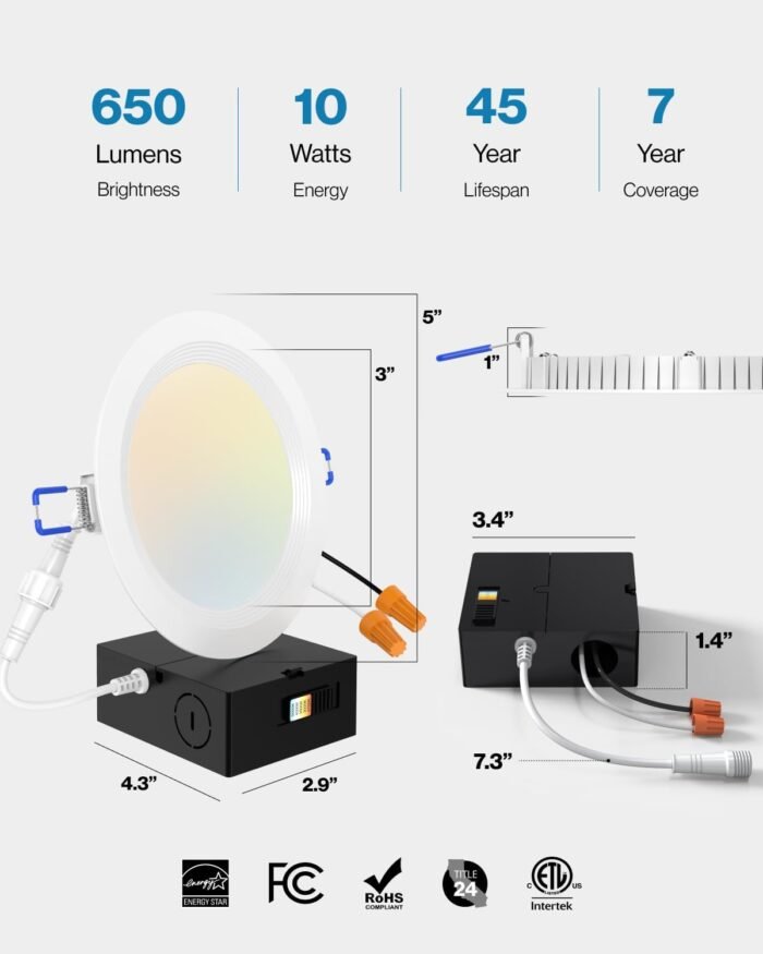 Sunco 12 Pack 4 Inch Ultra Thin LED Recessed Ceiling Lights, Baffle Trim, Selectable CCT 2700K/3000K/3500K/4000K/5000K Dimmable 10W, Wafer Thin, Canless with Junction Box - Image 6