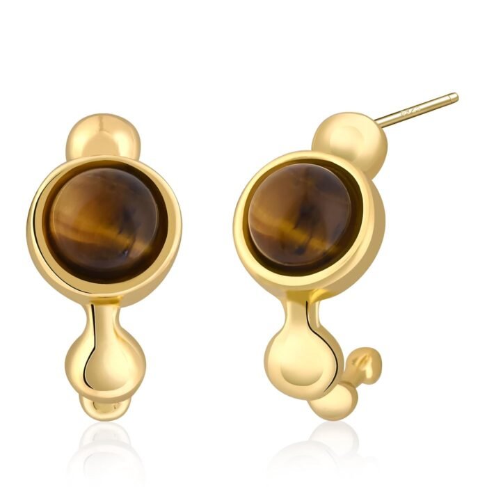 Tiger Eye Earrings for Women Gold Hoop Earrings Brown Gemstone Earrings Tiger Stone Earrings for Gift