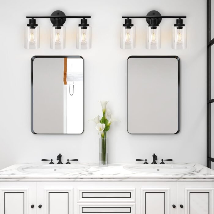 Unicozin Modern Bathroom Light Fixtures, 3 Light Vanity Lights, Black Wall Lamp with Clear Glass for Bathroom, Mirror, Living Room, Bedroom, Hallway, E26 Base - Image 7