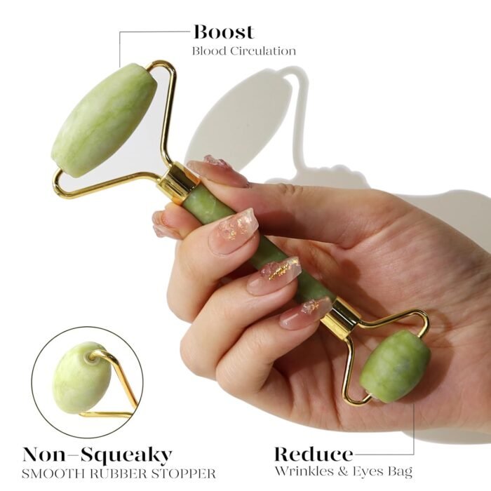 BAIMEI Jade Roller & Gua Sha, Face Roller, Facial Beauty Roller Skin Care Tools, Self Care Gift for Men Women, Massager for Face, Eyes, Neck, Relieve Fine Lines and Wrinkles - Green - Image 2