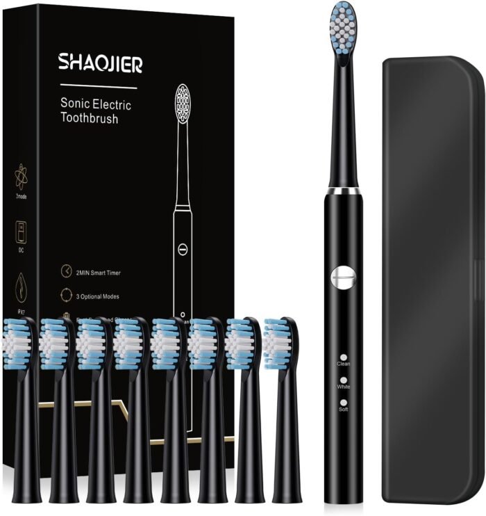 Electric Toothbrush, with 8 Replacement Brush Heads and 1 Travel Box,Sonic Toothbrush for Adults and Kids,Portable Rechargeable Toothbrush for Travel (Black)